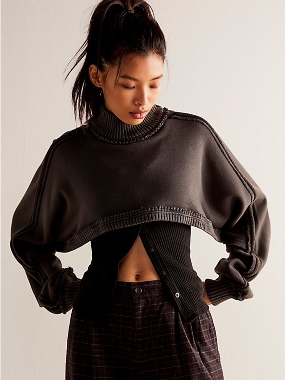 Free People Charcoal Cropped Turtleneck Sweater